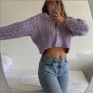 ZARA Purple Chunky Knit Cardigan Jeweled Buttons Blogger Favorite size M pastel